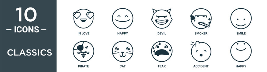 classics outline icon set includes thin line in love, happy, devil, smoker, smile, pirate, cat icons for report, presentation, diagram, web design