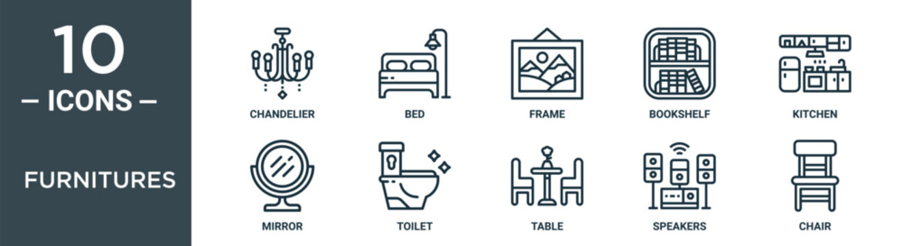 furnitures outline icon set includes thin line chandelier, bed, frame, bookshelf, kitchen, mirror, toilet icons for report, presentation, diagram, web design