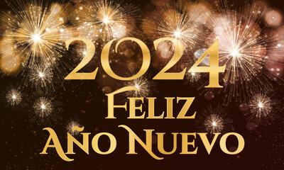 tarjeta o pancarta para desear un feliz año nuevo 2024 en oro sobre un fondo marrón con fuegos artificiales de color dorado en efecto bokeh