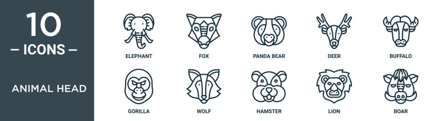 animal head outline icon set includes thin line elephant, fox, panda bear, deer, buffalo, gorilla, wolf icons for report, presentation, diagram, web design