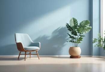 Classy minimal armchair beside vase with plant on wooden floor with interesting light glare. Background for the presentation, Generative Ai
