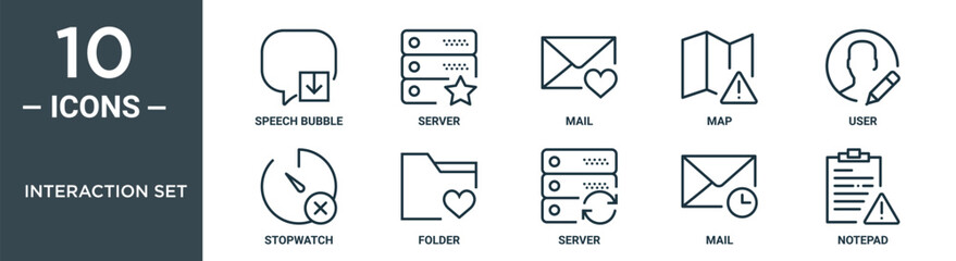interaction set outline icon set includes thin line speech bubble, server, mail, map, user, stopwatch, folder icons for report, presentation, diagram, web design