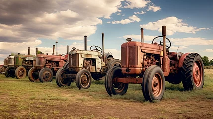 Schilderijen op glas old rusty tractor in field agriculture vintage wallpaper © Volodymyr