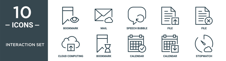 interaction set outline icon set includes thin line bookmark, mail, speech bubble, file, file, cloud computing, bookmark icons for report, presentation, diagram, web design