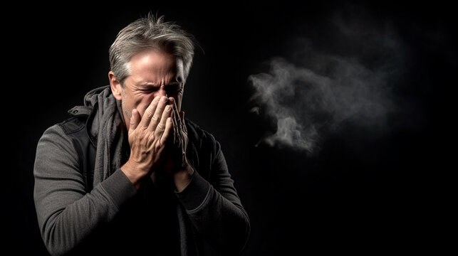 portrait of a man sick man sneezes