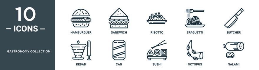 gastronomy collection outline icon set includes thin line hamburguer, sandwich, risotto, spaguetti, butcher, kebab, can icons for report, presentation, diagram, web design