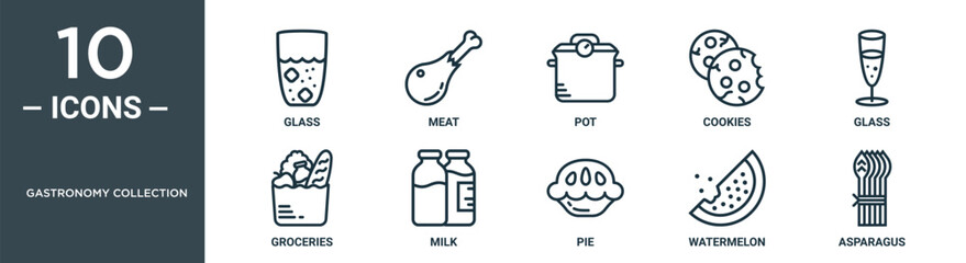 gastronomy collection outline icon set includes thin line glass, meat, pot, cookies, glass, groceries, milk icons for report, presentation, diagram, web design