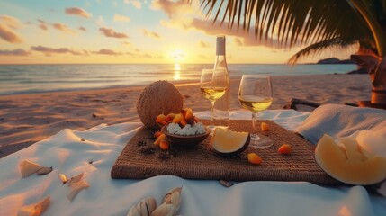 Picnic on the beach at sunset in the style of boho