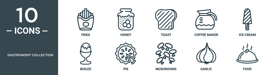 gastronomy collection outline icon set includes thin line fries, honey, toast, coffee maker, ice cream, boiled, pie icons for report, presentation, diagram, web design