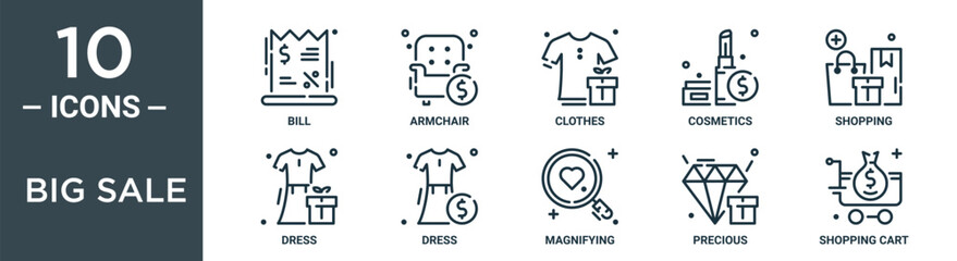 Obraz premium big sale outline icon set includes thin line bill, armchair, clothes, cosmetics, shopping, dress, dress icons for report, presentation, diagram, web design