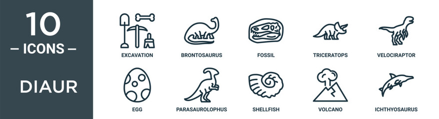 diaur outline icon set includes thin line excavation, brontosaurus, fossil, triceratops, velociraptor, egg, parasaurolophus icons for report, presentation, diagram, web design