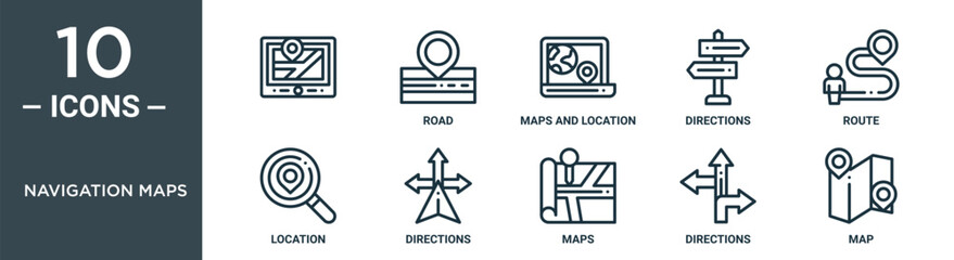 navigation maps outline icon set includes thin line , road, maps and location, directions, route, location, directions icons for report, presentation, diagram, web design