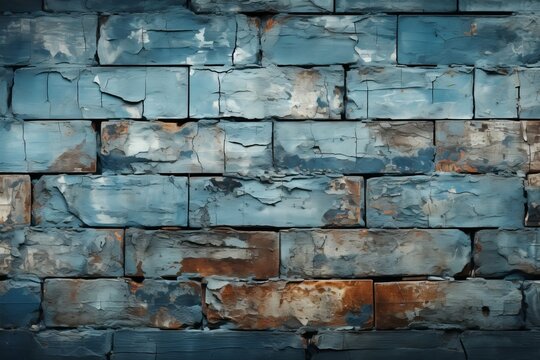 texture of blue brick wall worn and broken by time
