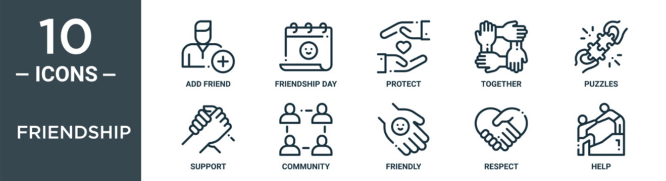 friendship outline icon set includes thin line add friend, friendship day, protect, together, puzzles, support, community icons for report, presentation, diagram, web design