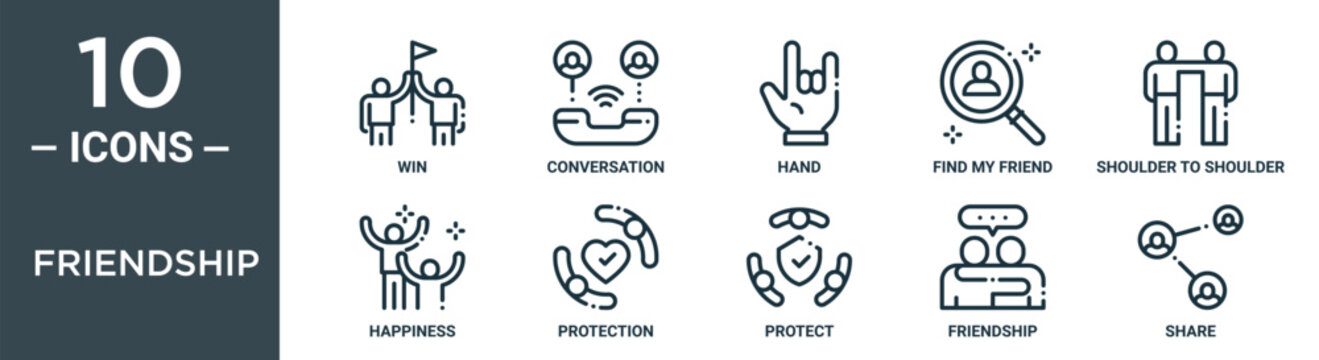 friendship outline icon set includes thin line win, conversation, hand, find my friend, shoulder to shoulder, happiness, protection icons for report, presentation, diagram, web design