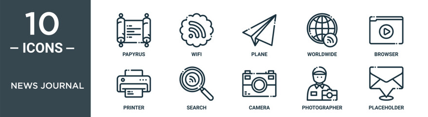 news journal outline icon set includes thin line papyrus, wifi, plane, worldwide, browser, printer, search icons for report, presentation, diagram, web design