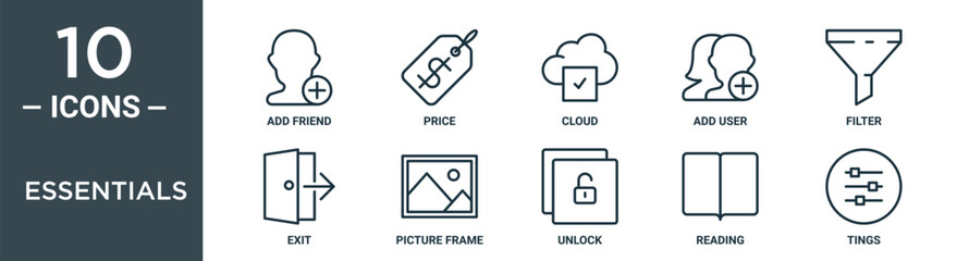 Obraz premium essentials outline icon set includes thin line add friend, price, cloud, add user, filter, exit, picture frame icons for report, presentation, diagram, web design