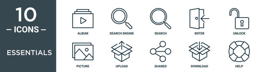 essentials outline icon set includes thin line album, search engine, search, enter, unlock, picture, upload icons for report, presentation, diagram, web design