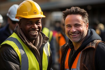 Obraz premium two construction workers happily working together on a large infrastructure site
