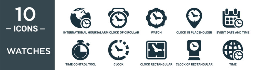 watches outline icon set includes thin line international hours, alarm clock of circular shape, watch, clock in placeholder shape, event date and time, time control tool, clock icons for report,