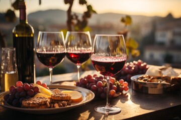 romantic intimate moment at sunset with glasses of wine in a vineyard - obrazy, fototapety, plakaty