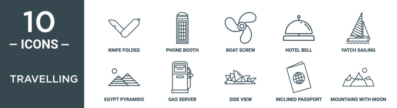 travelling outline icon set includes thin line knife folded, phone booth, boat screw, hotel bell, yatch sailing, egypt pyramids, gas server icons for report, presentation, diagram, web design