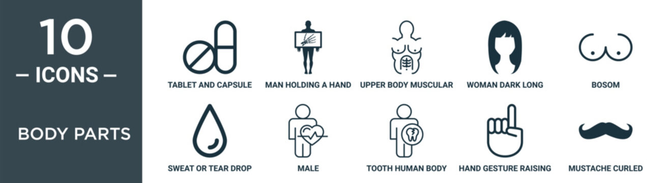 body parts outline icon set includes thin line tablet and capsule medications, man holding a hand bones x ray image, upper body muscular view, woman dark long hair shape, bosom, sweat or tear drop,