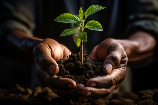 hands embracing a plant with soil. Concept of agriculture and global warming