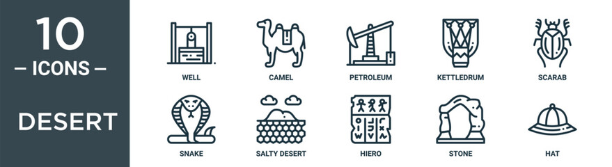 desert outline icon set includes thin line well, camel, petroleum, kettledrum, scarab, snake, salty desert icons for report, presentation, diagram, web design