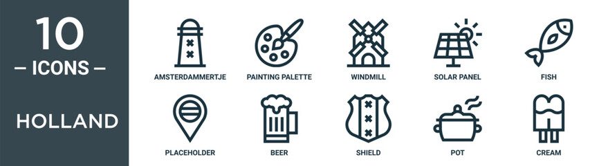 holland outline icon set includes thin line amsterdammertje, painting palette, windmill, solar panel, fish, placeholder, beer icons for report, presentation, diagram, web design