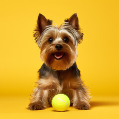 yorkshire terrier with tennis ball on yellow background copy space. 