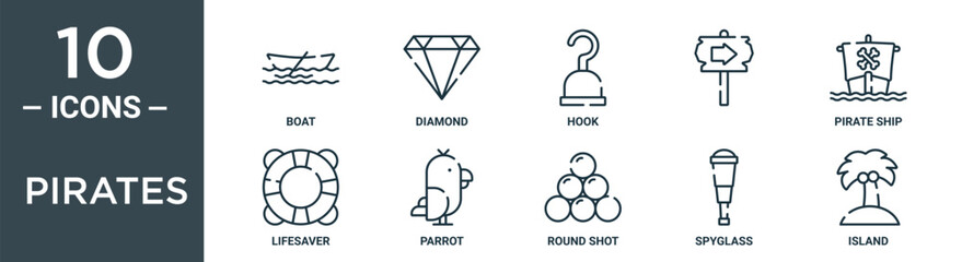 pirates outline icon set includes thin line boat, diamond, hook, , pirate ship, lifesaver, parrot icons for report, presentation, diagram, web design