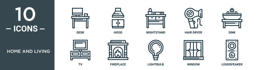 home and living outline icon set includes thin line desk, hood, nightstand, hair dryer, sink, tv, fireplace icons for report, presentation, diagram, web design