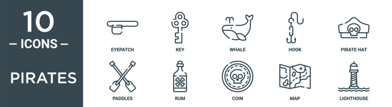pirates outline icon set includes thin line eyepatch, key, whale, hook, pirate hat, paddles, rum icons for report, presentation, diagram, web design