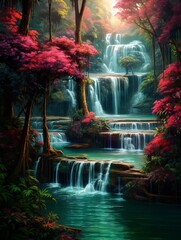 A large  waterfall in the red leaf forest