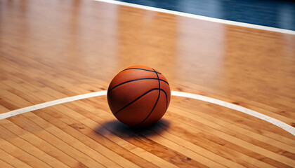 A basketball on a hardwood basketball court.