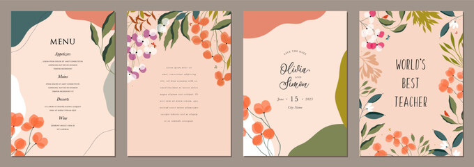 Bold bright artistic templates with abstract and floral elements. For poster, birthday, wedding and party invitation, greeting and business card, flyer, banner, brochure, events and page cover.