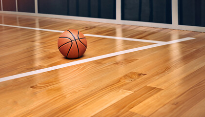A basketball on a hardwood basketball court.