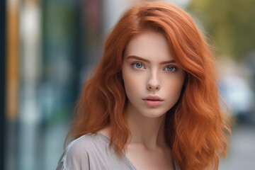 portrait of a young woman with bright red hair color on a blurred background of the street. Social media content for beauty salons. 
