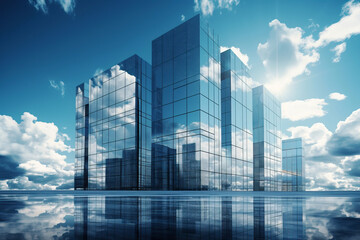 Reflective Skyscrapers: High-Rise Business Office Buildings with Captivating Blue Sky and White Cloud Reflections