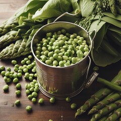 Scattered peas from a bucket with asparagus, bok choy, lettuce, green pods side view on a wooden background - obrazy, fototapety, plakaty