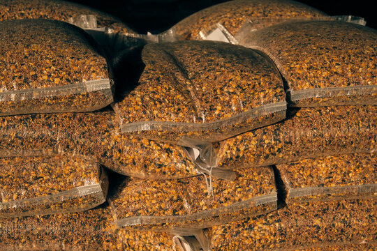 Plastic bags of feed grain mix stacked in barn