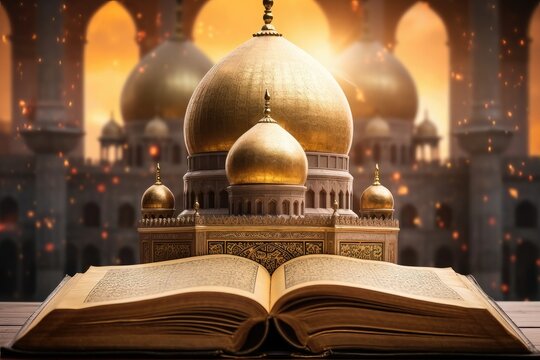 Opened book of the Koran with golden domes of a mosque. Islam concept