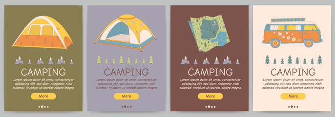 Set of promotional flyers for camping, travel, hiking, picnic. Vector illustration for poster, banner, cover, advertisement, web page.