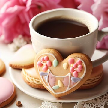 Sweet cookies in heart shape and cup of coffee