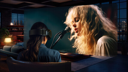 Woman watching a concert at home using augmented reality goggles