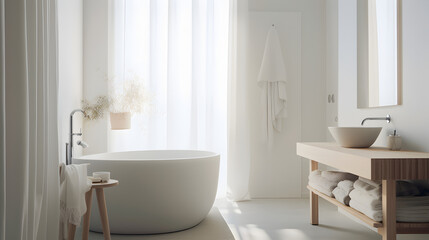 Naklejka na ściany i meble Rendering of a Bathroom with the use of wooden accents, soft textiles, and minimalist elements creating a serene and calming atmosphere, Generative AI