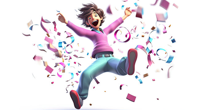 3D cartoon render of a man with confetti, on white background