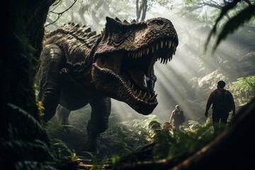 A group of explorers stumbles upon a magnificent dinosaur roaming freely in a lush, ancient landscape. Generative Ai