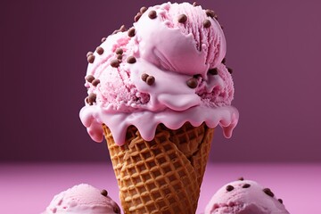 Pink ice cream in a waffle cone with bubble gum flavor. Delicious summer dessert. Generative AI